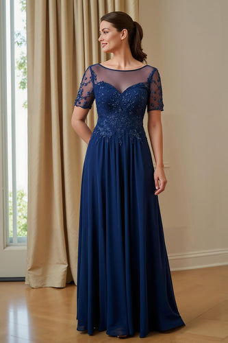 Navy Chiffon Illusion Boat Neck Long Mother of the Bride Dress with Sleeves