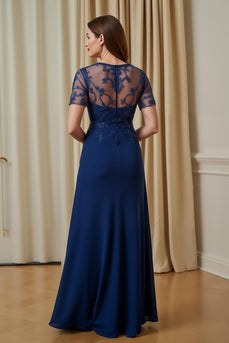 Navy Chiffon Illusion Boat Neck Long Mother of the Bride Dress with Sleeves