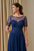 Load image into Gallery viewer, Navy Chiffon Illusion Boat Neck Long Mother of the Bride Dress with Sleeves