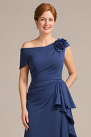 Load image into Gallery viewer, Navy Sheath Ruffled Long Mother of the Bride Dress with 3D Flower