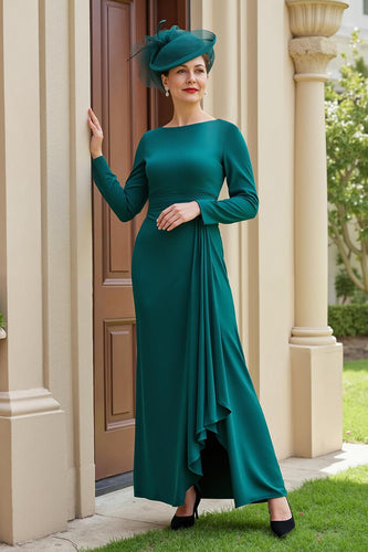 Dark Green Chiffon Sheath Long Sleeves Mother of the Bride Dress with Ruffles