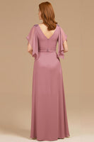 Load image into Gallery viewer, Grape Chiffon V-Neck Appliqued Long Mother of the Bride Dress with Ruffles