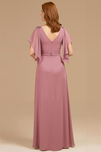 Grape Chiffon V-Neck Appliqued Long Mother of the Bride Dress with Ruffles