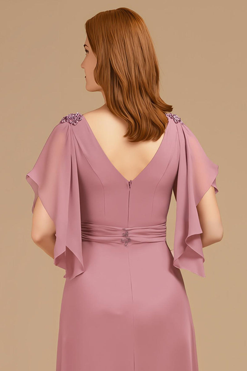 Load image into Gallery viewer, Grape Chiffon V-Neck Appliqued Long Mother of the Bride Dress with Ruffles