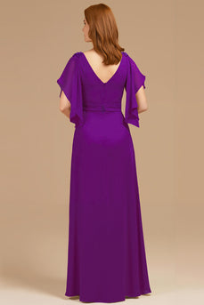 Grape Chiffon V-Neck Appliqued Long Mother of the Bride Dress with Ruffles