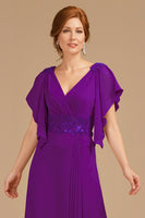 Load image into Gallery viewer, Grape Chiffon V-Neck Appliqued Long Mother of the Bride Dress with Ruffles