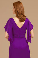Load image into Gallery viewer, Grape Chiffon V-Neck Appliqued Long Mother of the Bride Dress with Ruffles