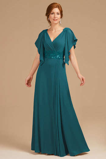 Grape Chiffon V-Neck Appliqued Long Mother of the Bride Dress with Ruffles