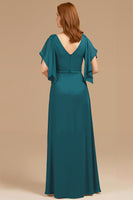 Load image into Gallery viewer, Grape Chiffon V-Neck Appliqued Long Mother of the Bride Dress with Ruffles