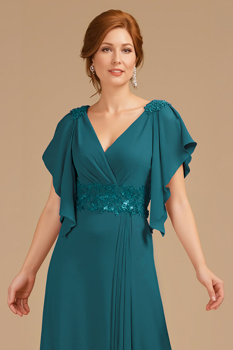 Load image into Gallery viewer, Grape Chiffon V-Neck Appliqued Long Mother of the Bride Dress with Ruffles