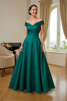 Load image into Gallery viewer, Dark Green A Line Satin Off The Shoulder Long Mother of the Bride Dress