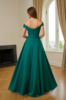Load image into Gallery viewer, Dark Green A Line Satin Off The Shoulder Long Mother of the Bride Dress