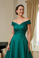 Load image into Gallery viewer, Dark Green A Line Satin Off The Shoulder Long Mother of the Bride Dress