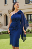 Load image into Gallery viewer, Navy Bodycon Chiffon One Shoulder Midi Mother of the Bride Dress with Sleeves