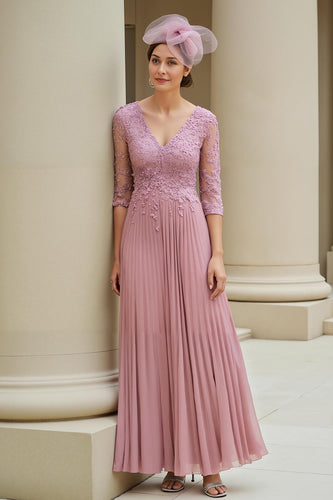 Dusty Rose A Line Appliqued Long Mother of the Bride Dress with Sleeves