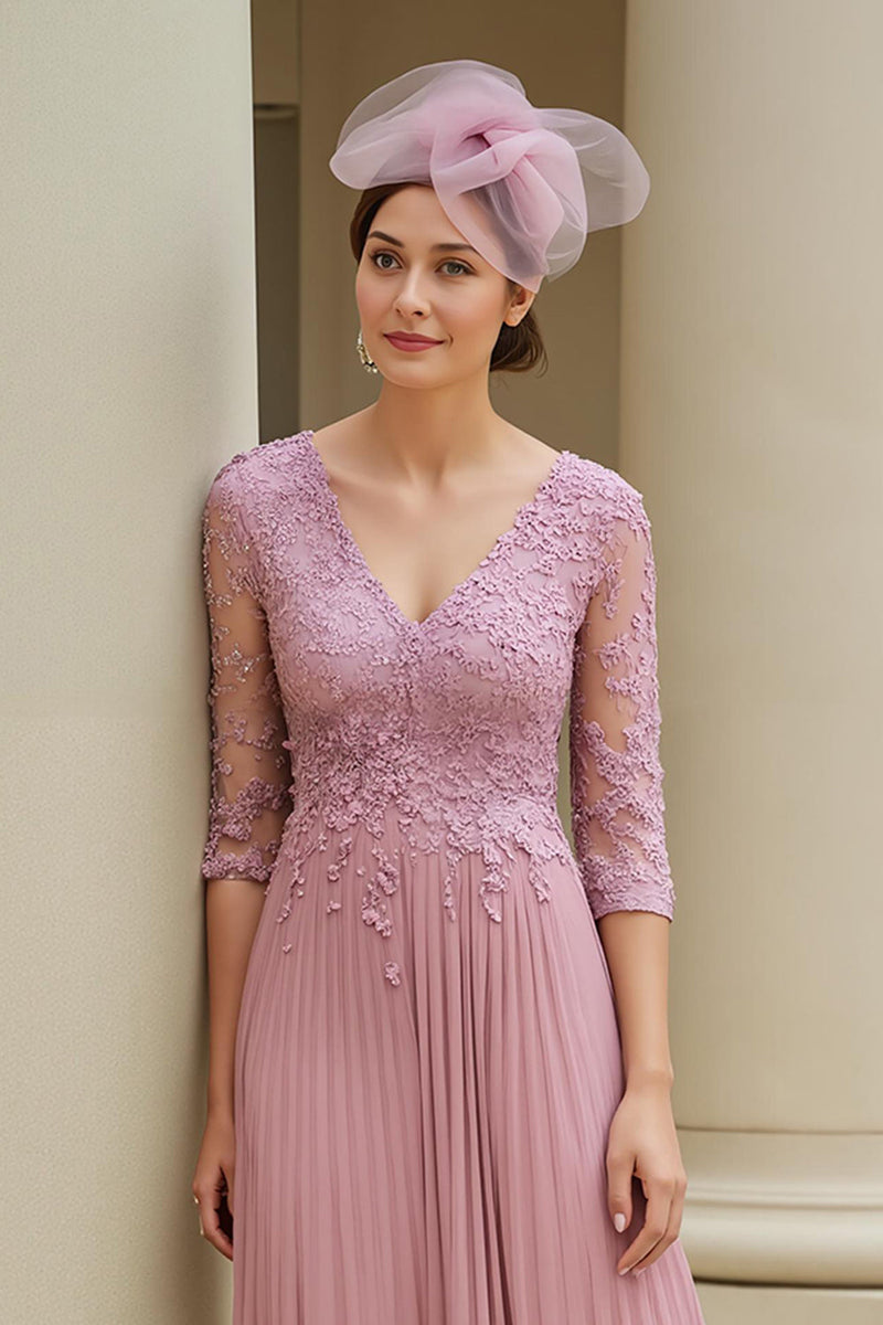 Load image into Gallery viewer, Dusty Rose A Line Appliqued Long Mother of the Bride Dress with Sleeves