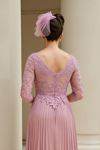 Dusty Rose A Line Appliqued Long Mother of the Bride Dress with Sleeves