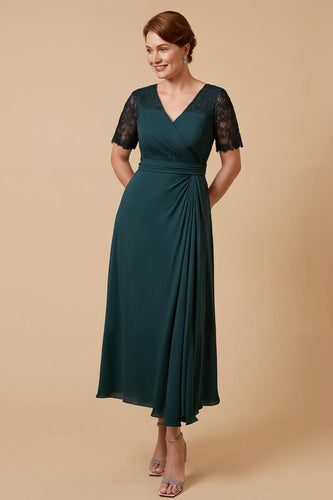 Pine Chiffon A Line V-Neck Long Mother of the Bride Dress with Sleeves