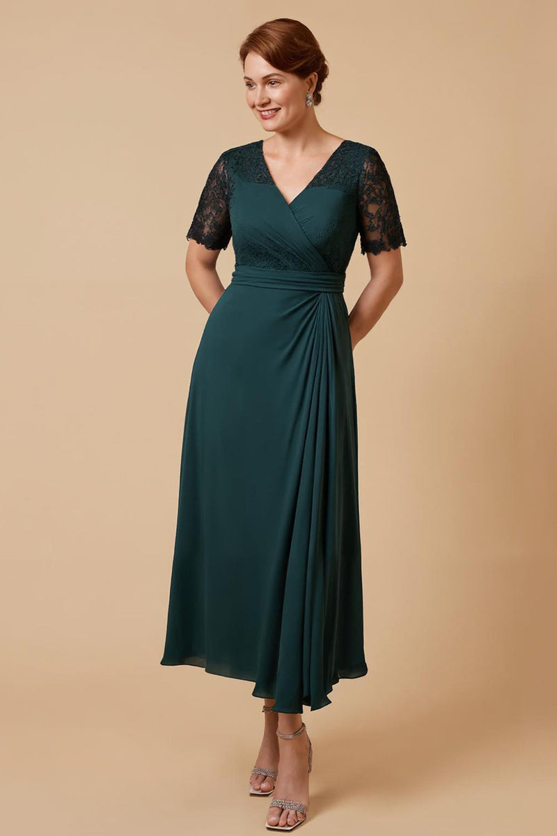 Load image into Gallery viewer, Pine Chiffon A Line V-Neck Long Mother of the Bride Dress with Sleeves