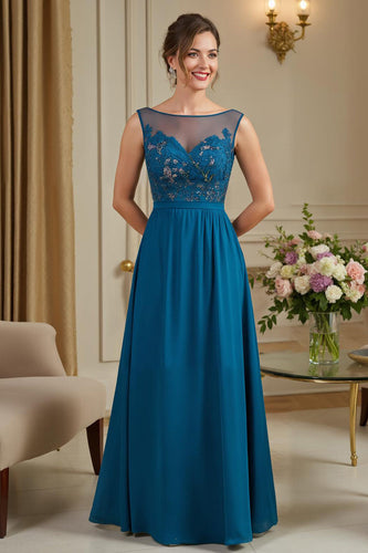 Peacock Blue Chiffon A Line Long Mother of the Bride Dress with Appliques