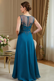 Peacock Blue Chiffon A Line Long Mother of the Bride Dress with Appliques