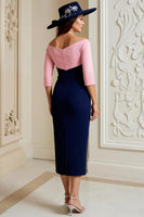 Load image into Gallery viewer, Navy Satin Bodycon Midi Mother of the Bride Dress with Appliques