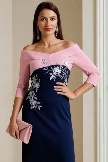 Navy Satin Bodycon Midi Mother of the Bride Dress with Appliques