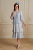 Load image into Gallery viewer, Silver 2 Piece Chiffon A Line Midi Mother of the Bride Dress with Sleeves