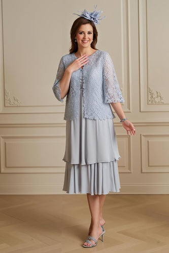 Silver 2 Piece Chiffon A Line Midi Mother of the Bride Dress with Sleeves