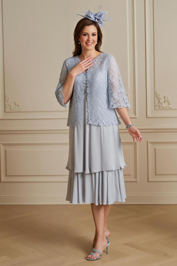 Silver 2 Piece Chiffon A Line Midi Mother of the Bride Dress with Sleeves