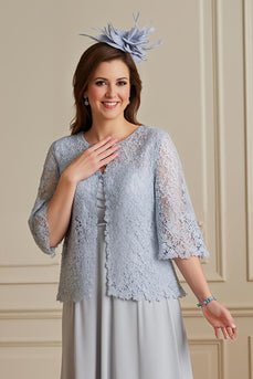 Silver 2 Piece Chiffon A Line Midi Mother of the Bride Dress with Sleeves