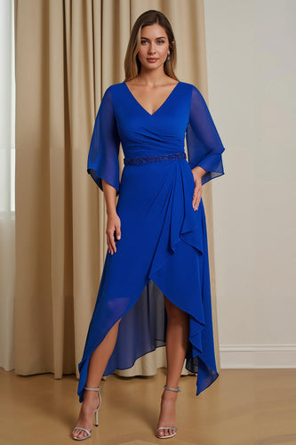Royal Blue V-Neck A Line Asymmetrical Mother of the Bride Dress with Sleeves