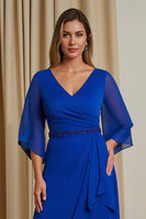 Load image into Gallery viewer, Royal Blue V-Neck A Line Asymmetrical Mother of the Bride Dress with Sleeves