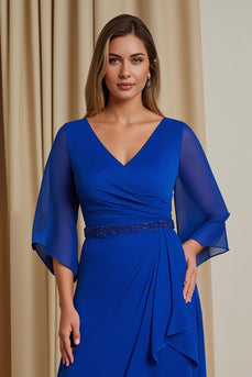Royal Blue V-Neck A Line Asymmetrical Mother of the Bride Dress with Sleeves