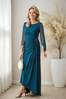Load image into Gallery viewer, Peacock Blue Chiffon Sheath Ruched Long Mother of the Bride Dress with Beading