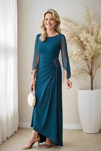 Peacock Blue Chiffon Sheath Ruched Long Mother of the Bride Dress with Beading