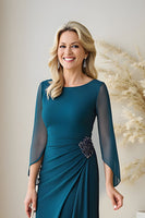 Load image into Gallery viewer, Peacock Blue Chiffon Sheath Ruched Long Mother of the Bride Dress with Beading