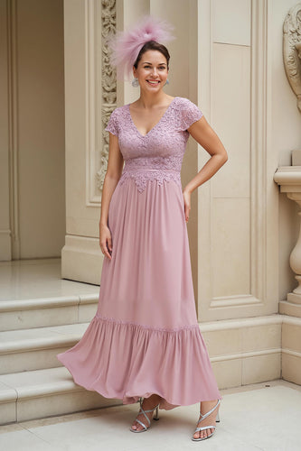 Dusty Rose Chiffon A Line V-Neck Long Mother of the Bride Dress with Lace