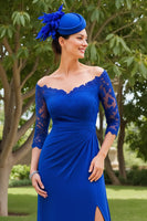 Load image into Gallery viewer, Royal Blue Sheath Ruched Midi Mother of the Bride Dress with Sleeves