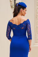 Load image into Gallery viewer, Royal Blue Sheath Ruched Midi Mother of the Bride Dress with Sleeves