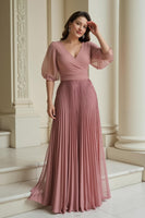 Load image into Gallery viewer, Dusty Rose Chiffon Pleated Long Mother of the Bride Dress with Sleeves