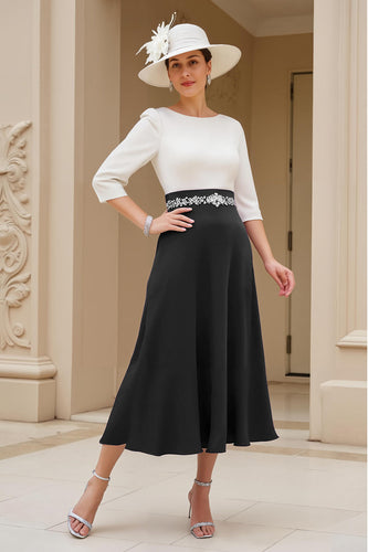 Black A Line Chiffon Boat Neck Midi Mother of the Bride Dress with Beading