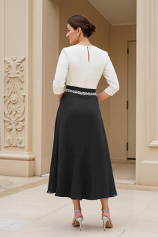 Black A Line Chiffon Boat Neck Midi Mother of the Bride Dress with Beading