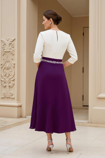 Black A Line Chiffon Boat Neck Midi Mother of the Bride Dress with Beading