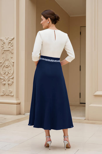 Black A Line Chiffon Boat Neck Midi Mother of the Bride Dress with Beading