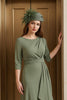 Load image into Gallery viewer, Olive Chiffon Round Neck Asymmetrical Mother of the Bride Dress with Sleeves