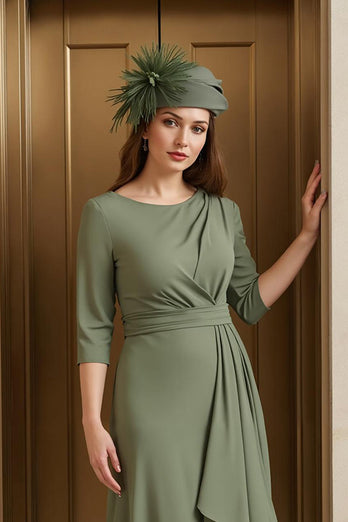 Olive Chiffon Round Neck Asymmetrical Mother of the Bride Dress with Sleeves