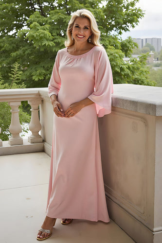 Candy Pink Sheath Round Neck Long Mother of the Bride Dress with Sleeves