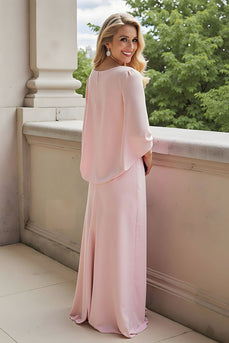 Candy Pink Sheath Round Neck Long Mother of the Bride Dress with Sleeves