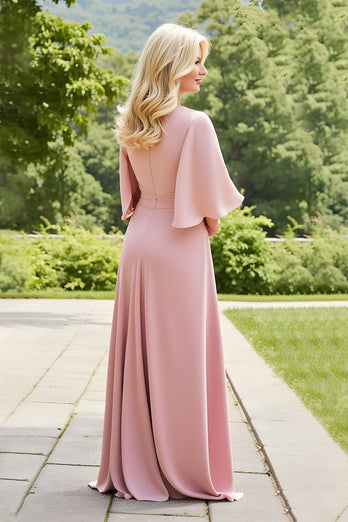 Blush Sheath Chiffon Ruched Long Mother of the Bride Dress with Lace